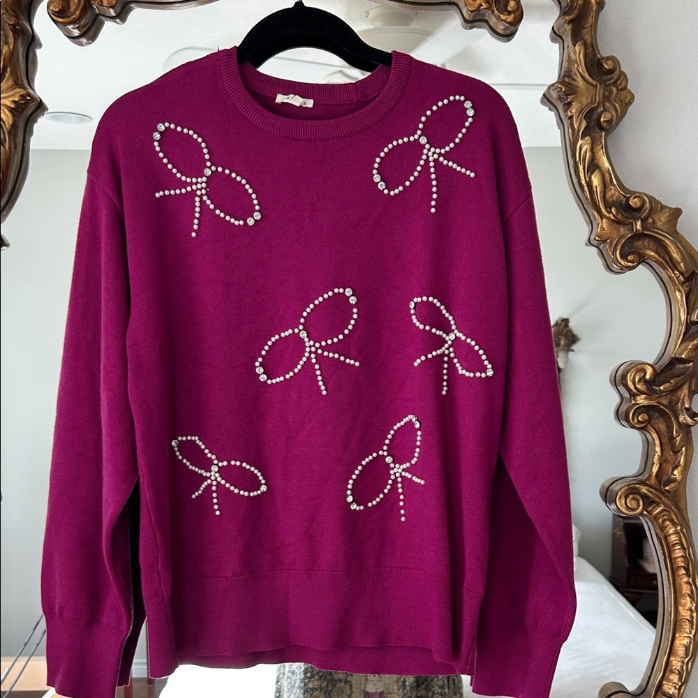 NWOT Jodifl  Sz Large Embellished Bow Crewneck Sweater - Magenta